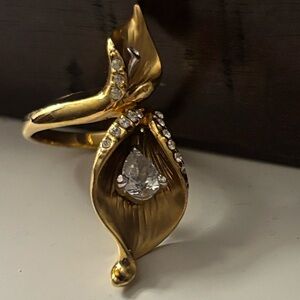 Gold-Tone Floral Teardrop Ring with Clear Crystal Accent